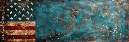 Distressed American Flag on Teal Abstract Background