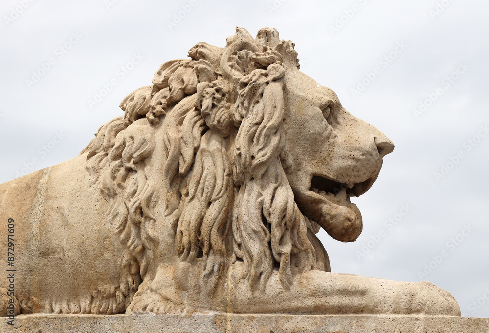 Lion statue of the famous Chain Bridge at Budapest city Lion statue of the famous Chain Bridge at Budapest city