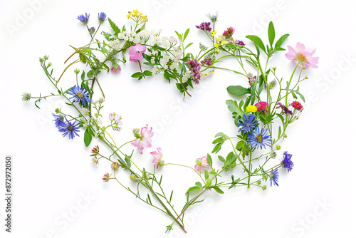A heart-shaped arrangement of various colorful flowers and green stems on a white background symbolizing love