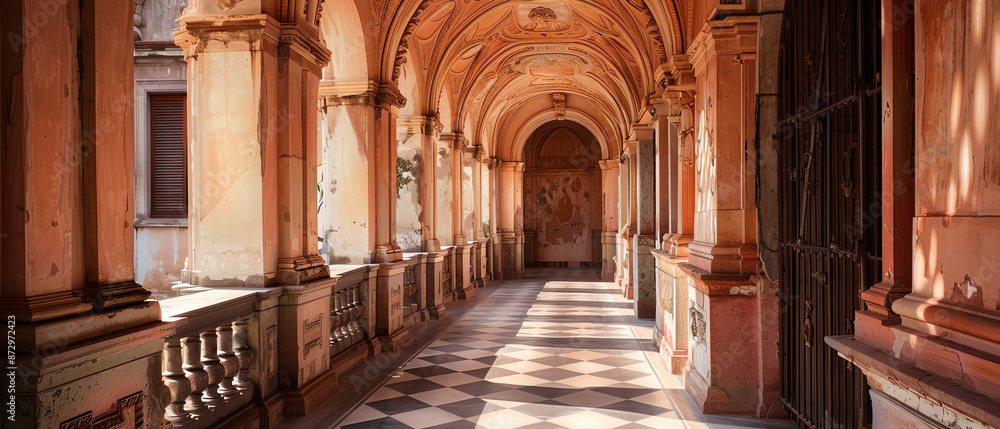 Fototapeta premium A long, arched hallway with columns and a checkered floor, bathed in warm sunlight.