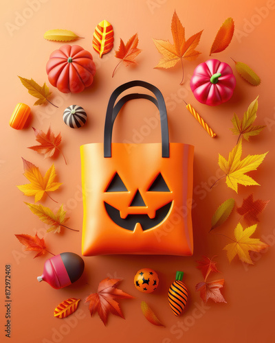 Flat design trick-or-treat bags surrounded by autumn leaves photo