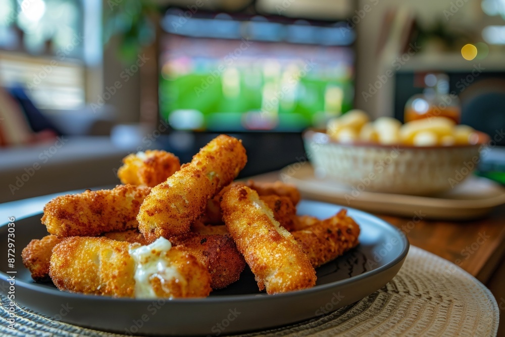 Cheese sticks on a plate, next to a TV showing a sports game in the living room. Copy space. Concept: delicious meal, fast food, fried snack, photo for social media Cheese sticks on a plate, next to a TV showing a sports game in the living room. Copy space. Concept: delicious meal, fast food, fried snack, photo for social media