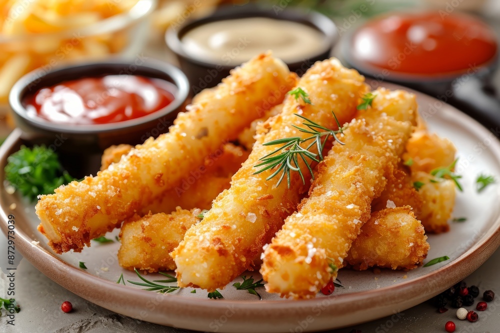 Close up Cheese sticks on a plate surrounded by a variety of sauces . Concept: delicious meal, fast food, fried snack, photo for menu, social media Close up Cheese sticks on a plate surrounded by a variety of sauces . Concept: delicious meal, fast food, fried snack, photo for menu, social media