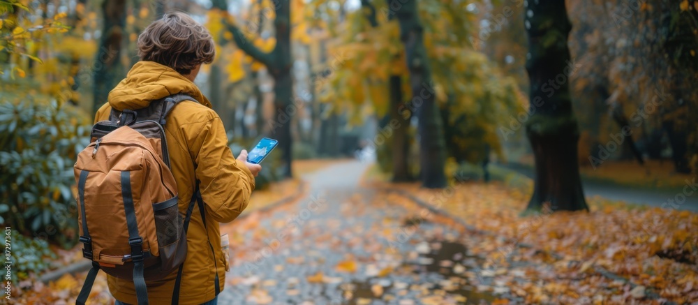 Person Navigating Autumn Park with Smartphone. Person with backpack using a smartphone while walking through a scenic autumn park with fallen leaves. Banner with copy space Person Navigating Autumn Park with Smartphone. Person with backpack using a smartphone while walking through a scenic autumn park with fallen leaves. Banner with copy space