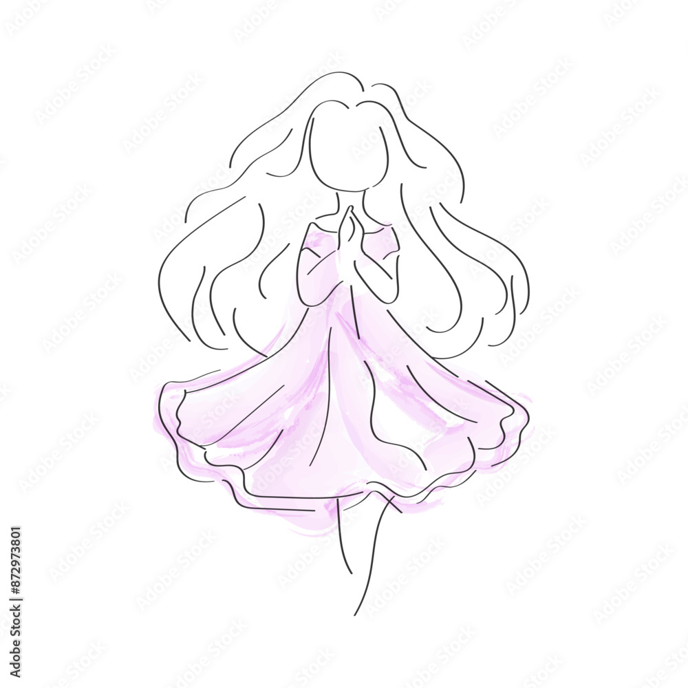 Girl in a graceful pose. The picture is a minimalist line drawing. Simplicity and elegance .The girl stands with her legs close together, and her hands are held together. Girl in a graceful pose. The picture is a minimalist line drawing. Simplicity and elegance .The girl stands with her legs close together, and her hands are held together.