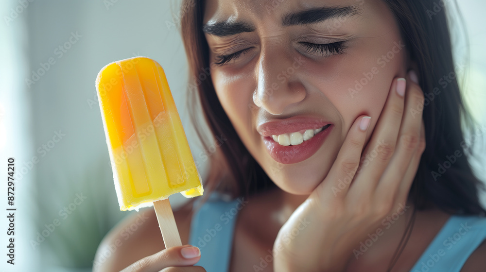 Woman Experiencing Toothache While Eating Popsicle Woman Experiencing Toothache While Eating Popsicle