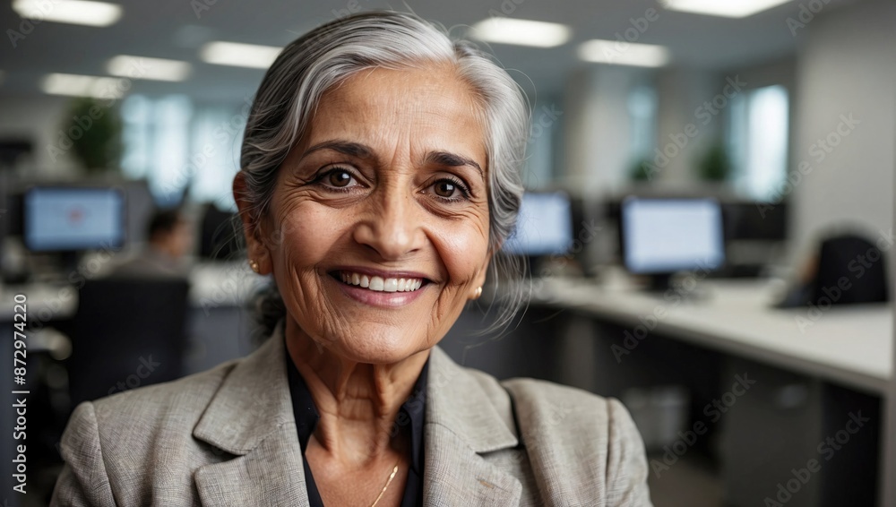 Obraz premium A smiling elderly woman with silver hair, wearing a gray blazer, inside a modern office setting with computers and colleagues in the background.
