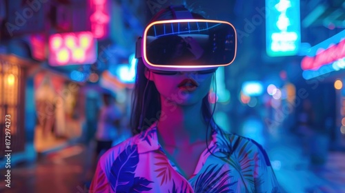 portrait neon gril wear VR glass with glowing and Hawaii shirt, cityscape blur background © narin