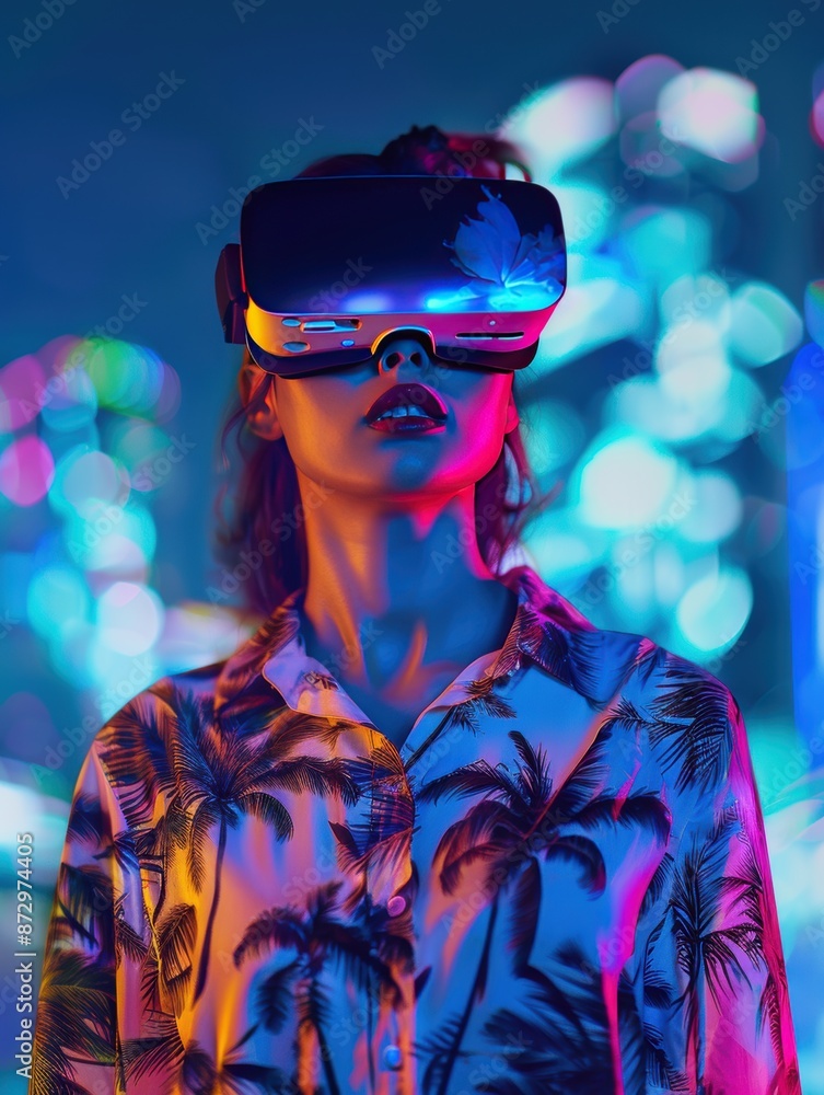 portrait neon gril wear VR glass with glowing and Hawaii shirt, cityscape blur background portrait neon gril wear VR glass with glowing and Hawaii shirt, cityscape blur background