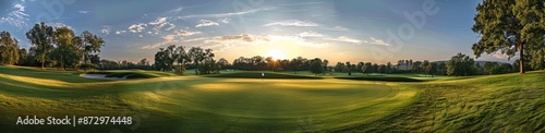 Sunset Over a Golf Course Green in a Picturesque Setting