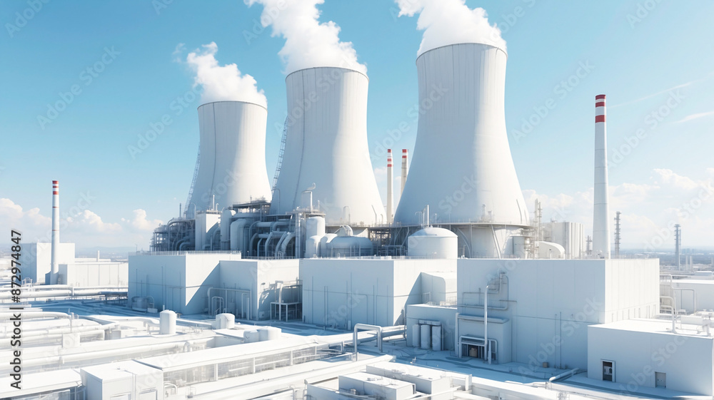 Nuclear power plant with cooling towers, steam and chimneys. Nuclear, zero emission, clean energy concept Nuclear power plant with cooling towers, steam and chimneys. Nuclear, zero emission, clean energy concept