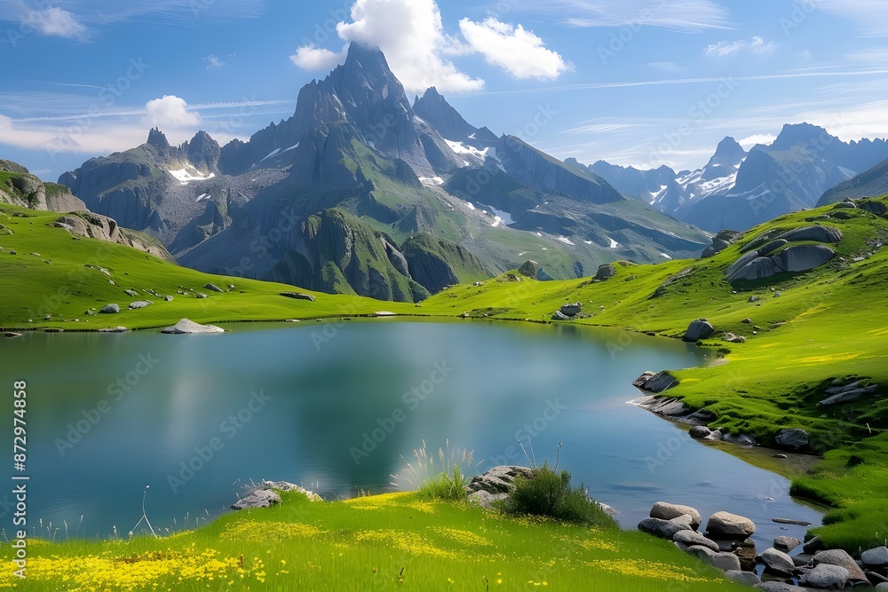 Fototapeta premium Serene mountain lake surrounded by lush green meadows and towering peaks under a vibrant blue sky.