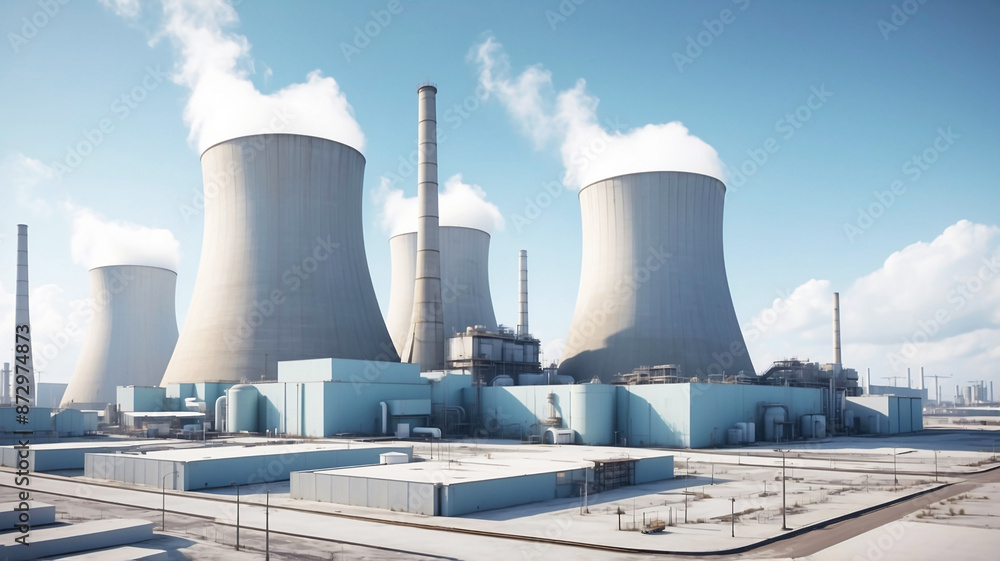 Nuclear power plant with cooling towers, steam and chimneys. Nuclear, zero emission, clean energy concept Nuclear power plant with cooling towers, steam and chimneys. Nuclear, zero emission, clean energy concept