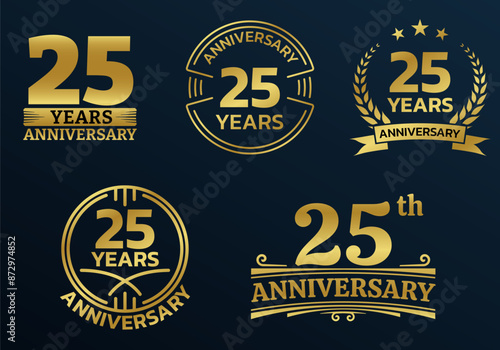 25 years icon or logo set. 25th anniversary celebrating golden sign or stamp. Jubilee, birthday celebration design element. Vector illustration.