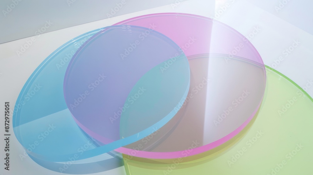 The main image is of two circular glass panels overlapping one-third of each other, one circular in blue-pink and one circular in lime green, the two panels are stacked on a white background in the st The main image is of two circular glass panels overlapping one-third of each other, one circular in blue-pink and one circular in lime green, the two panels are stacked on a white background in the st