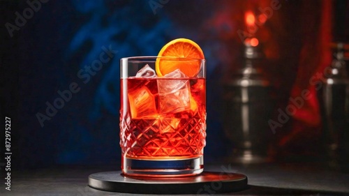 Negroni cocktail Food photography, neon glowing lights in background, cinematic