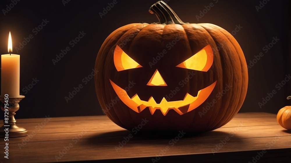 Halloween pumpkin Jack-o'-lantern on a table in the dark Halloween pumpkin Jack-o'-lantern on a table in the dark