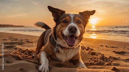 A high-definition picture of a dog running around on the beach at sunset