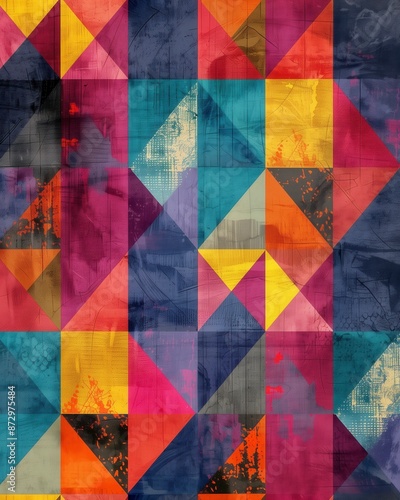 Retro-inspired pattern, bold geometric shapes, vibrant colors, and distressed background.
