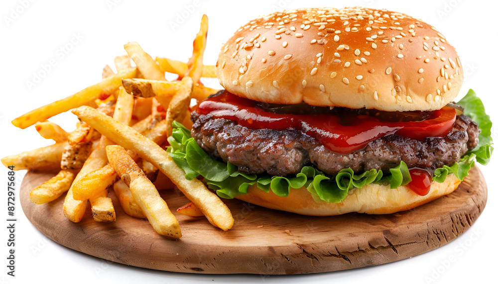 Delicious burger with beef patty, tomato sauce and french fries isolated on white Delicious burger with beef patty, tomato sauce and french fries isolated on white