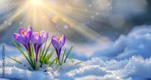 Beautiful crocuses emerging from the snow, with purple flowers and green leaves in the sunlight. © Ekkarat_Studio