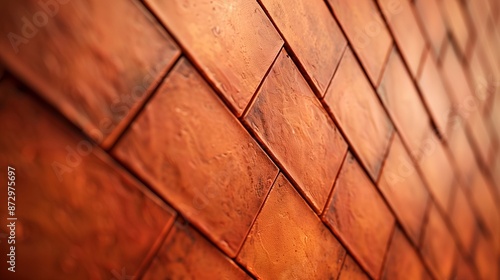 Wall composed of rectangular tiles arranged in a herringbone pattern, The tiles have a warm, reddish-brown hue with subtle variations in color, creating a sense of depth and texture. 
