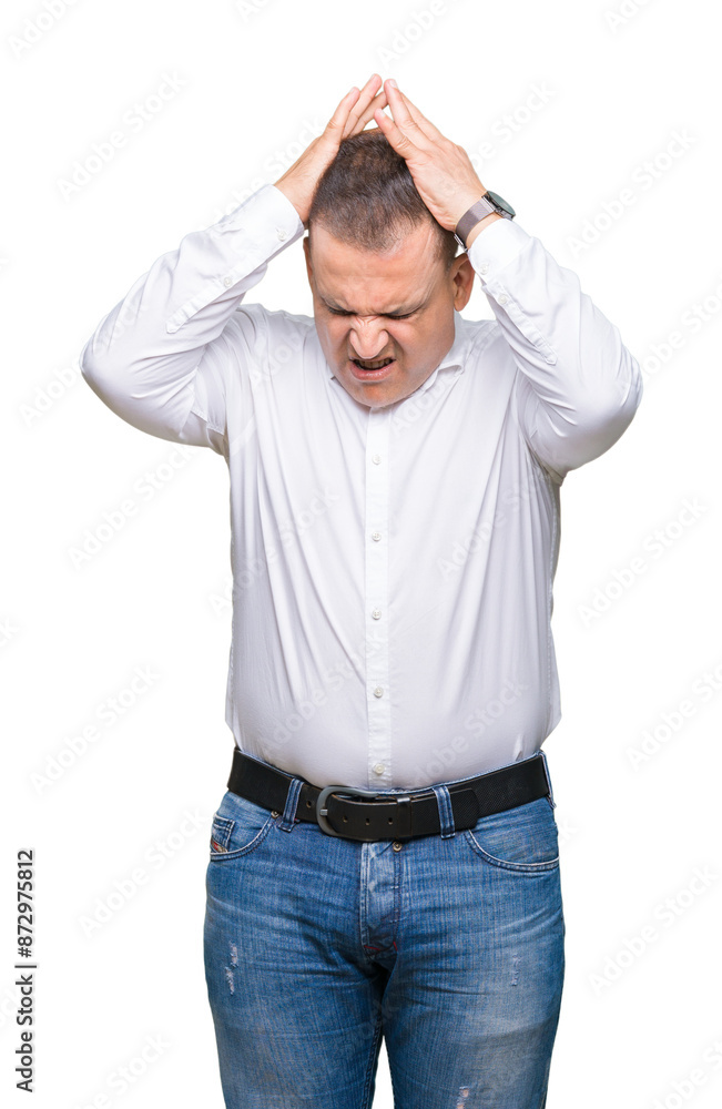 Middle age arab elegant man over isolated background suffering from headache desperate and stressed because pain and migraine. Hands on head. Middle age arab elegant man over isolated background suffering from headache desperate and stressed because pain and migraine. Hands on head.