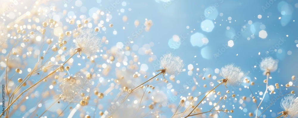 3D abstract illustration of dandelions, delicate white and gold petals against the blue sky. 3D abstract illustration of dandelions, delicate white and gold petals against the blue sky.