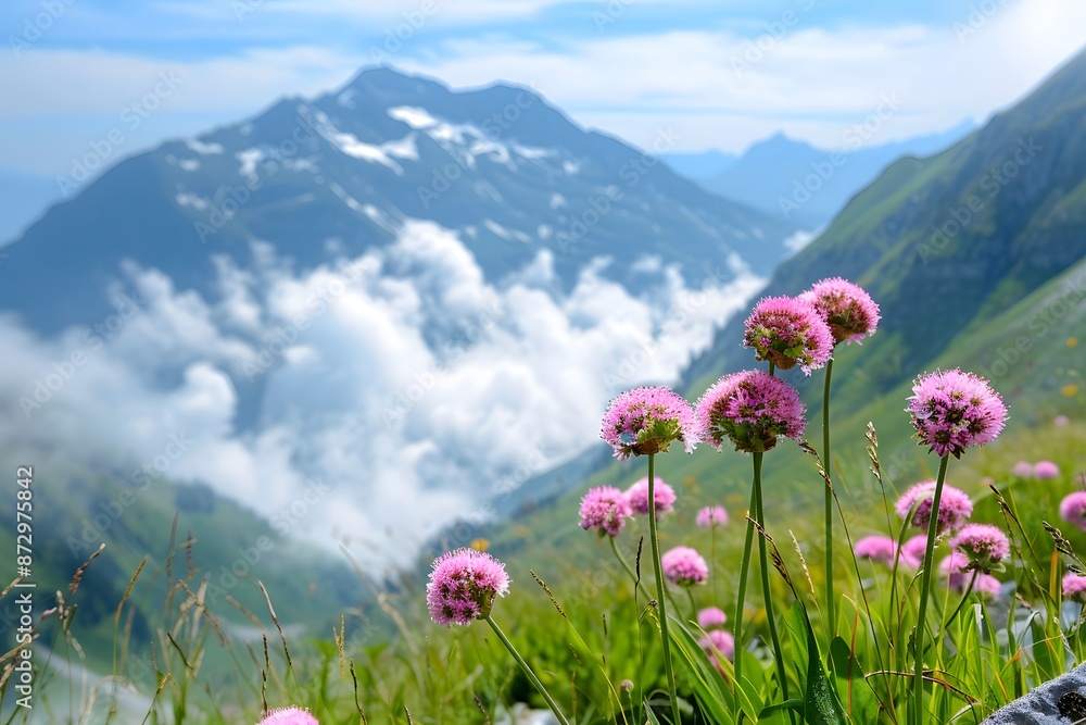 Fototapeta premium Breathtaking alpine landscape with pink wildflowers and snow-capped peaks enveloped in clouds.