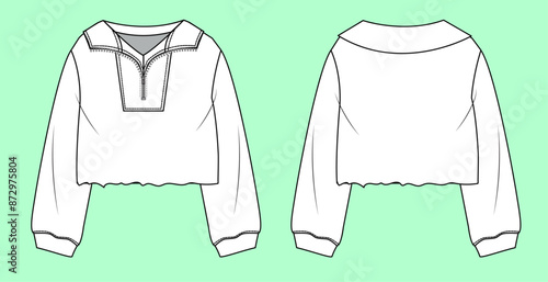 Teen girls long sleeve crop funnel neck sweatshirt flat sketch vector.  