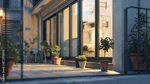 Minimalist front design of an urban micro-apartment with a compact layout, large windows, and a small balcony with potted plants. photo