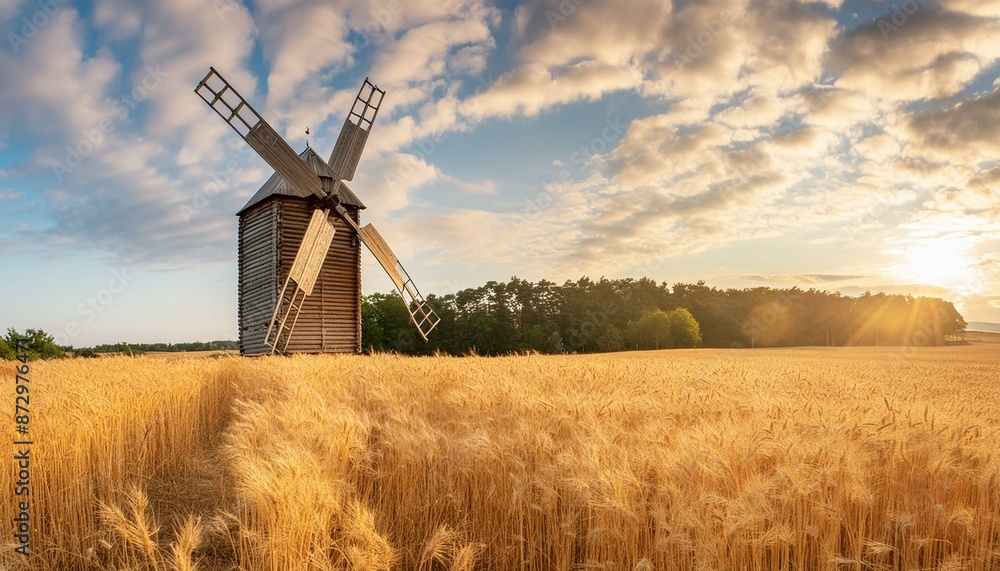 A wooden windmill with a rustic character, integrated into a golden field, emphasizing harmony with nature and the traditional charm of the rural landscape. A wooden windmill with a rustic character, integrated into a golden field, emphasizing harmony with nature and the traditional charm of the rural landscape.
