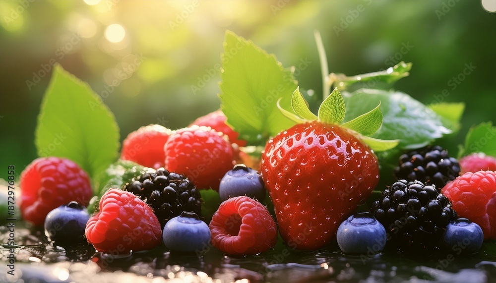 A macro close-up of juicy berries set against a backdrop of green leaves, exuding natural flavor and freshness. A macro close-up of juicy berries set against a backdrop of green leaves, exuding natural flavor and freshness.