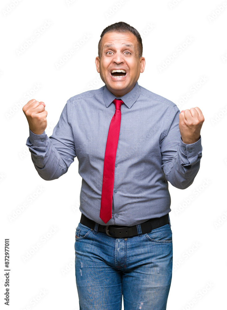 Middle age arab man wearing red tie over isolated background celebrating surprised and amazed for success with arms raised and open eyes. Winner concept. Middle age arab man wearing red tie over isolated background celebrating surprised and amazed for success with arms raised and open eyes. Winner concept.