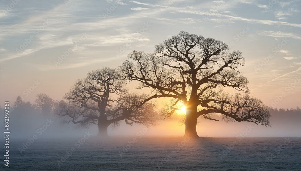 Photo of ceremonial old oak trees against a foggy dawn background. The antiquity of the trees, the mystical aura, the warm morning light. Photo of ceremonial old oak trees against a foggy dawn background. The antiquity of the trees, the mystical aura, the warm morning light.