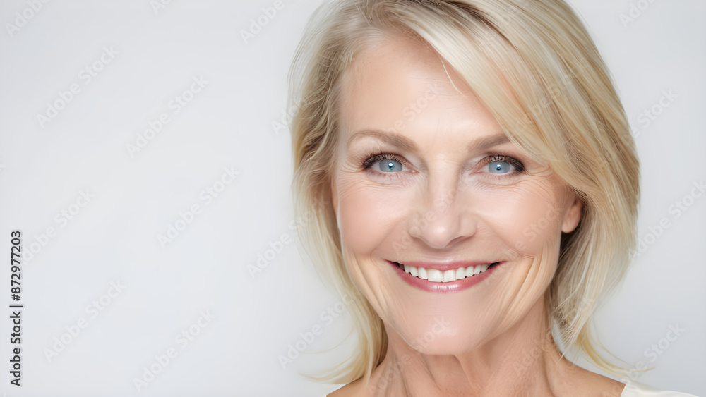 Portrait of beautiful mature woman looking at camera. Cheerful middle aged woman with blue eyes smiling. Portrait of beautiful mature woman looking at camera. Cheerful middle aged woman with blue eyes smiling.