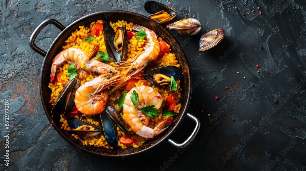 A seafood paella in a traditional pan, filled with shrimp, mussels, clams, and saffron rice A seafood paella in a traditional pan, filled with shrimp, mussels, clams, and saffron rice