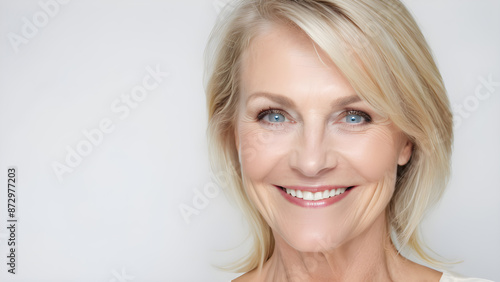 Portrait of beautiful mature woman looking at camera. Cheerful middle aged woman with blue eyes smiling.