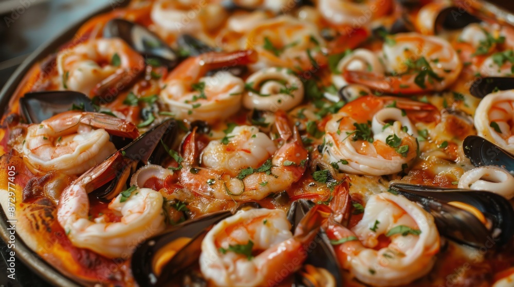A seafood pizza topped with shrimp, squid, and mussels, fresh out of the oven A seafood pizza topped with shrimp, squid, and mussels, fresh out of the oven