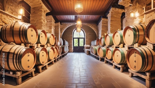 Photo of the interior of a traditional winery with wine barrels. Wooden barrels, stone walls, warm lighting. photo