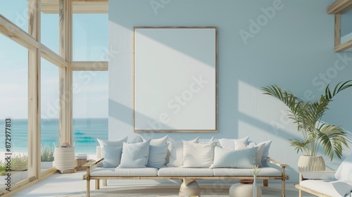 Modern minimalist empty canvas in an airy beach house with ocean views and light blue accents, natural wood frame, perfect for coastal-themed art and ad mockups. photo