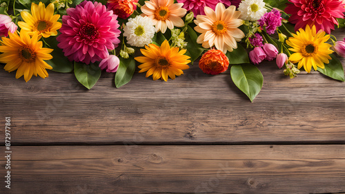 Wallpaper Mural Bouquet of flowers on wooden background. Top view with copy space Torontodigital.ca