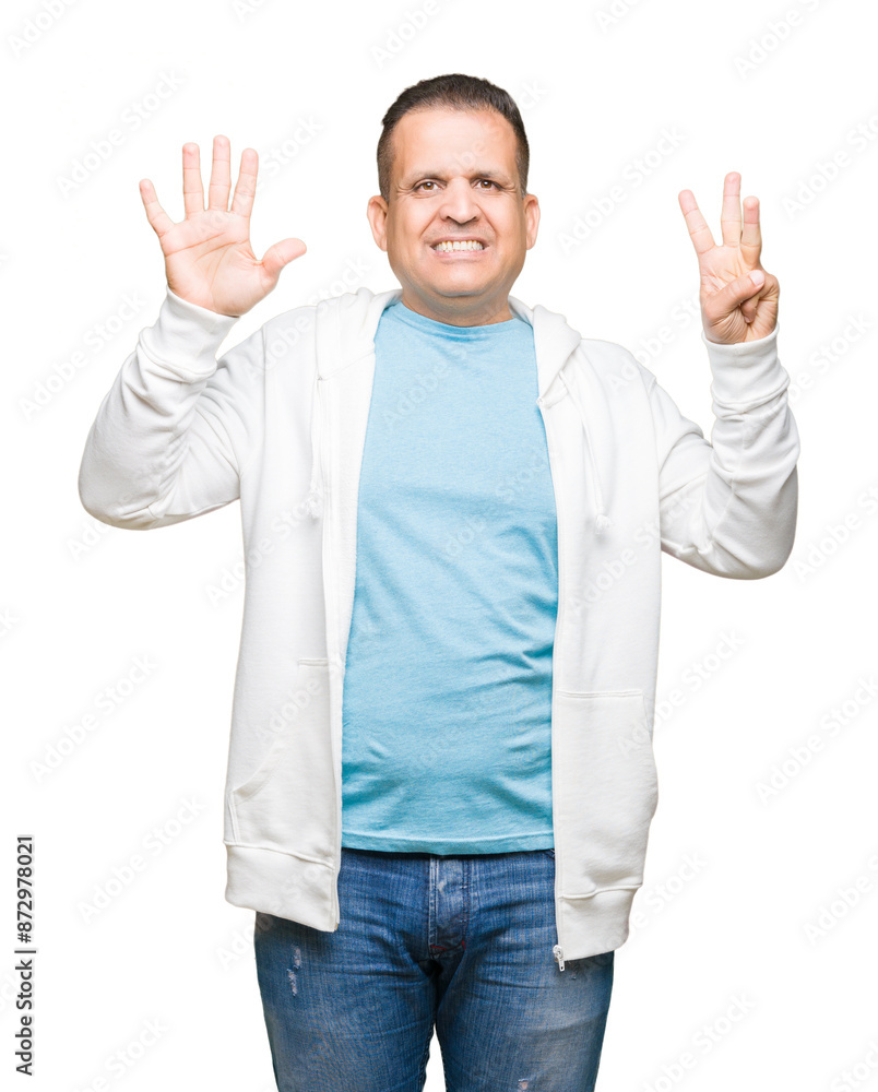 Middle age arab man wearing sweatshirt over isolated background showing and pointing up with fingers number eight while smiling confident and happy. Middle age arab man wearing sweatshirt over isolated background showing and pointing up with fingers number eight while smiling confident and happy.
