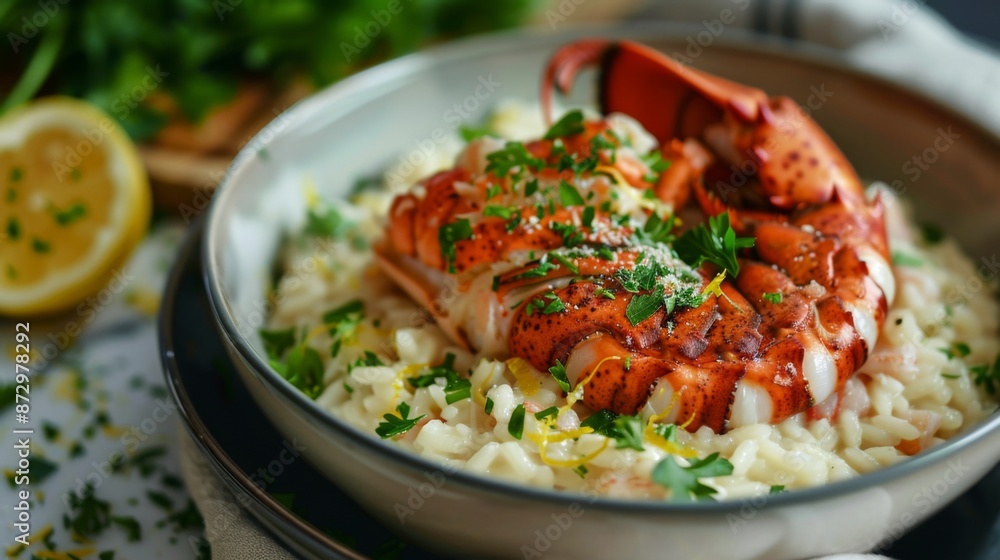 A seafood risotto with lobster tail, garnished with parsley and lemon zest A seafood risotto with lobster tail, garnished with parsley and lemon zest