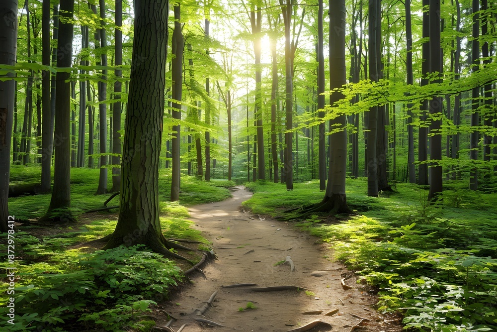 Obraz premium Sunlit forest path winding through lush green trees, creating a serene and inviting natural scene.
