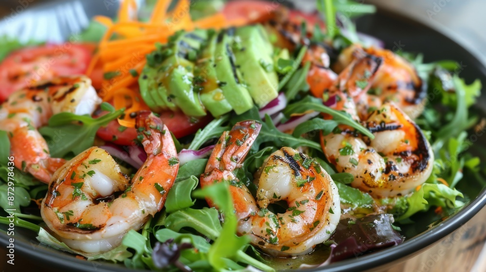 A seafood salad with mixed greens, grilled shrimp, avocado, and citrus dressing A seafood salad with mixed greens, grilled shrimp, avocado, and citrus dressing