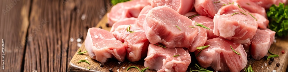 A pile of meat on a wooden cutting board. The meat is cut into small pieces and is surrounded by parsley A pile of meat on a wooden cutting board. The meat is cut into small pieces and is surrounded by parsley