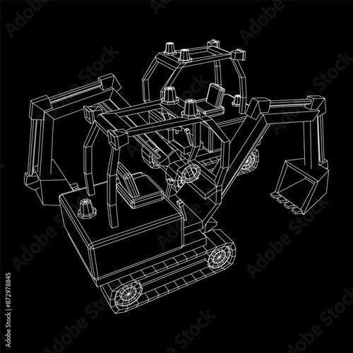 Heavy equipment excavator machine manufacturing power equipment for open pit mining. Wireframe low poly mesh vector illustration