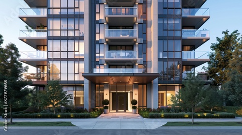 Sleek front design of a high-rise apartment building with a glass facade, modern balconies, and a small landscaped entryway.