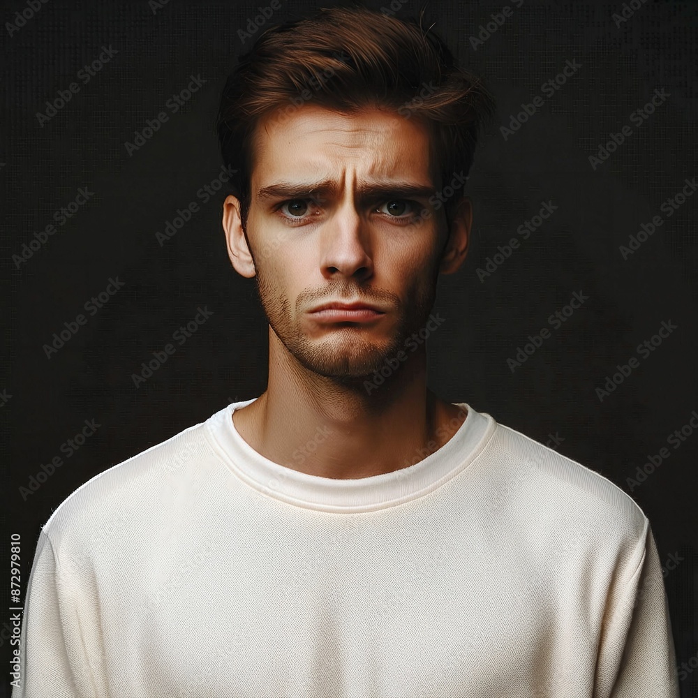 Obraz premium Dissatisfied man. Close up. Unhappy and disappointed. Unexpected negative news. Negatively shocked. Oh no. Bad service. Plain background. Advertisement. Poor contract terms. overpriced. Generative AI